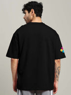 Genz-Classic Men's Black Oversized Multi Stripe Logo Print Cotton T-Shirt