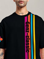 Genz-Classic Men's Black Oversized Multi Stripe Logo Print Cotton T-Shirt