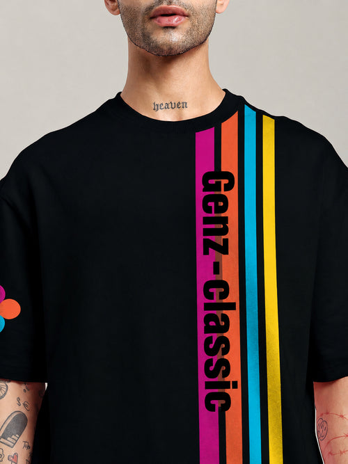 Genz-Classic Men's Black Oversized Multi Stripe Logo Print Cotton T-Shirt