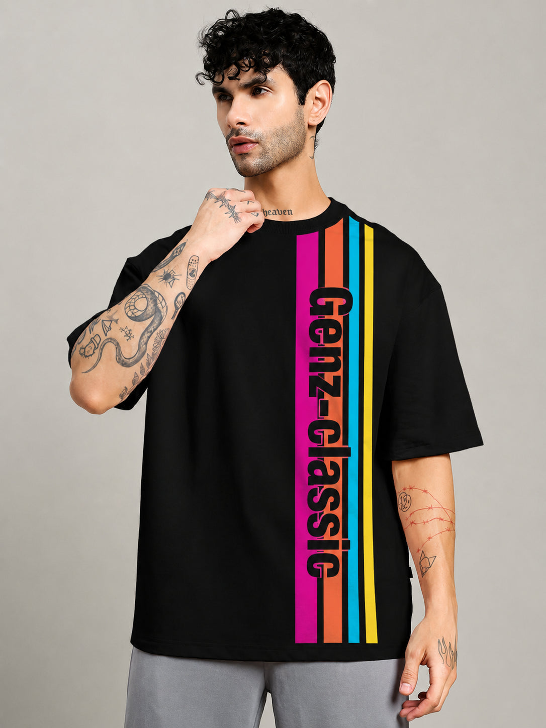 Genz-Classic Men's Black Oversized Multi Stripe Logo Print Cotton T-Shirt