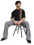 Genz-Classic Men's Black Oversized Multi Stripe Logo Print Cotton T-Shirt