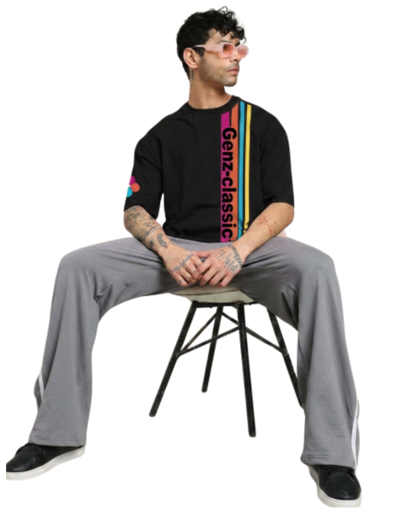 Genz-Classic Men's Black Oversized Multi Stripe Logo Print Cotton T-Shirt