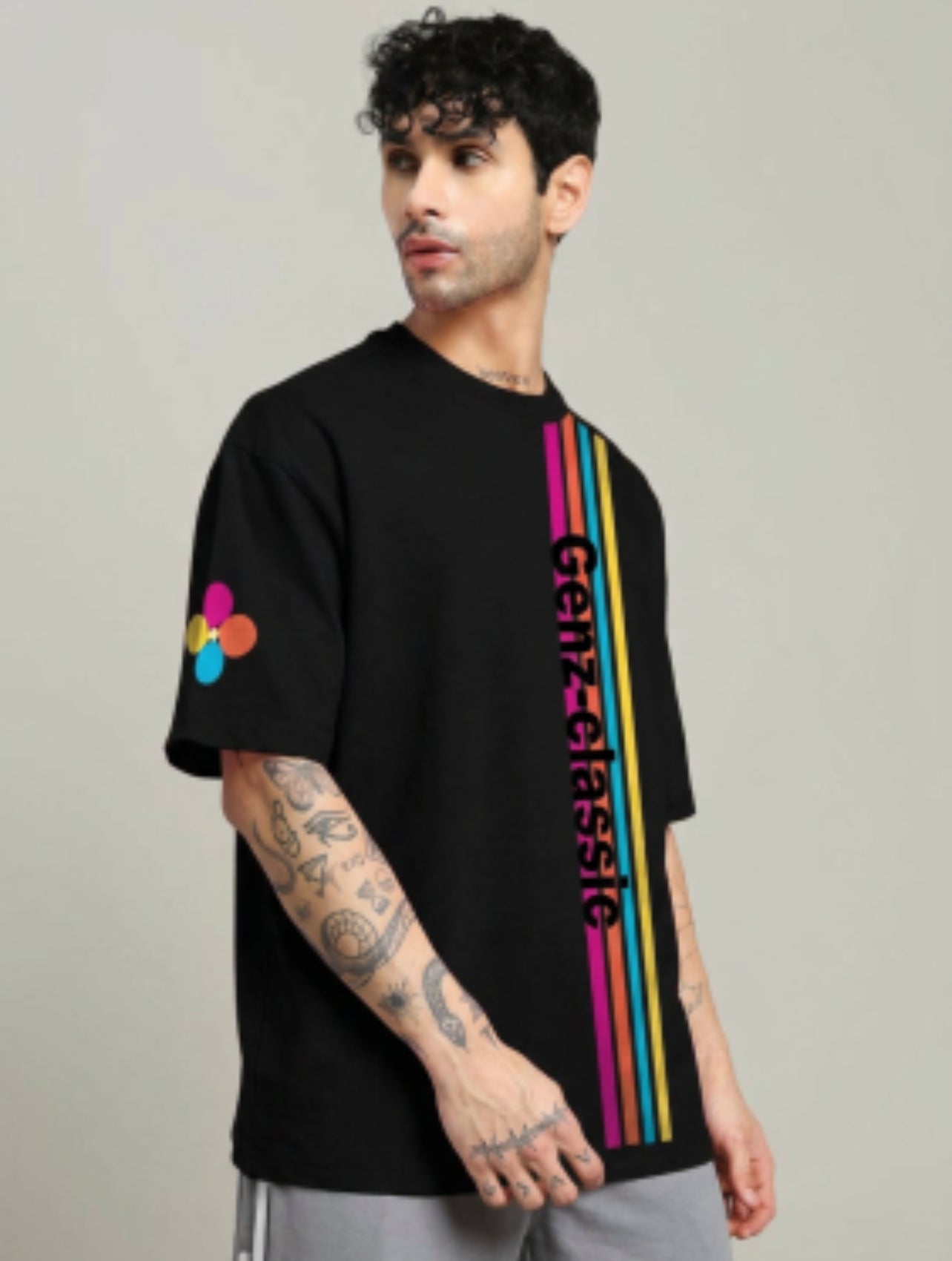 Genz-Classic Men's Black Oversized Multi Stripe Logo Print Cotton T-Shirt