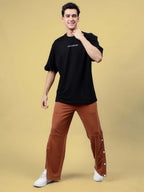 Genz-Classic Men's Black Sonic Hand Graphic Oversized Cotton T-Shirt