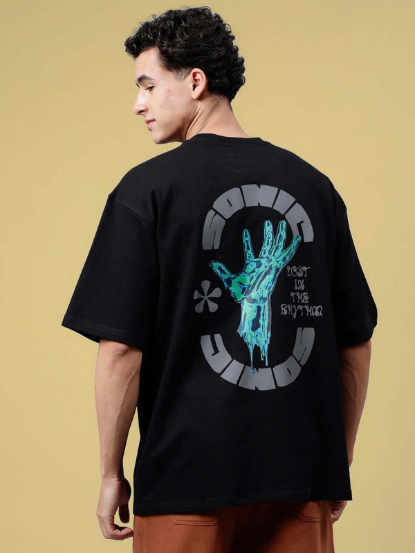 Genz-Classic Men's Black Sonic Hand Graphic Oversized Cotton T-Shirt