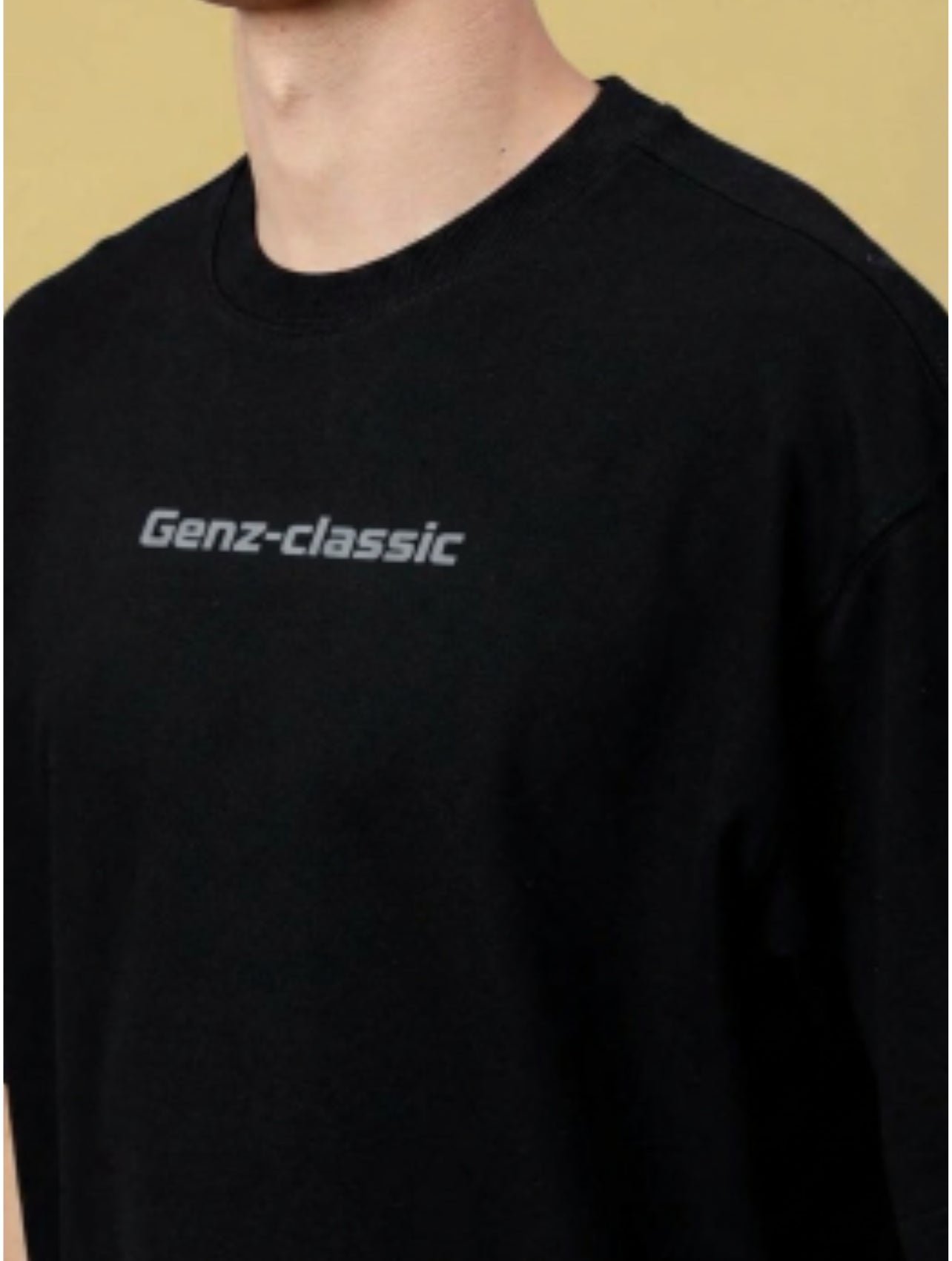 Genz-Classic Men's Black Sonic Hand Graphic Oversized Cotton T-Shirt