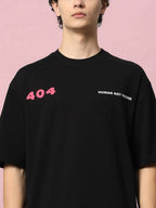 Genz-Classic Men's Black Oversized 404 Human Not Found Graphic Print Cotton T-Shirt