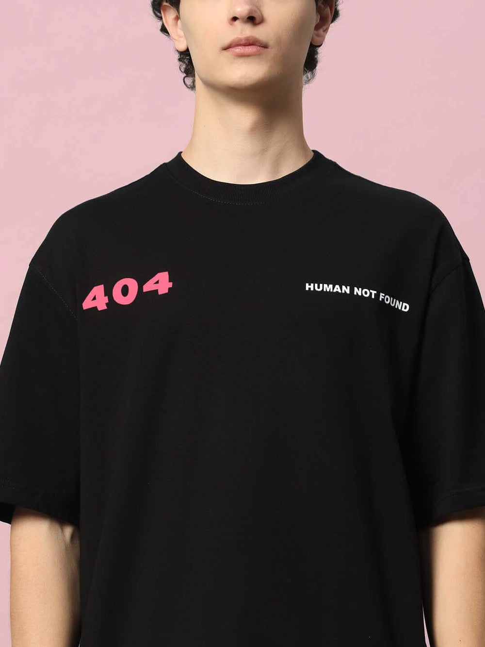 Genz-Classic Men's Black Oversized 404 Human Not Found Graphic Print Cotton T-Shirt