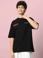 Genz-Classic Men's Black Oversized 404 Human Not Found Graphic Print Cotton T-Shirt