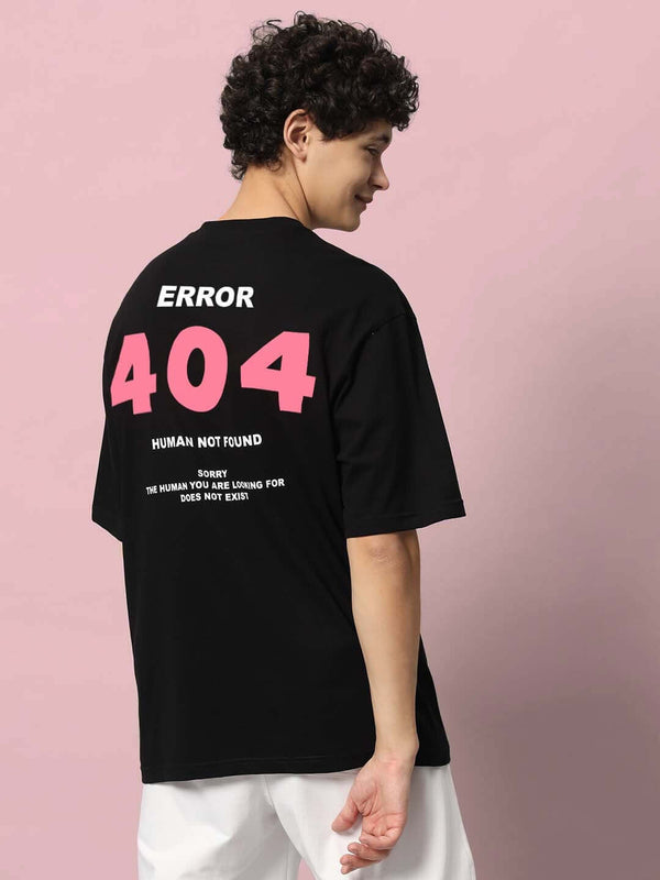 Genz-Classic Men's Black Oversized 404 Human Not Found Graphic Print Cotton T-Shirt