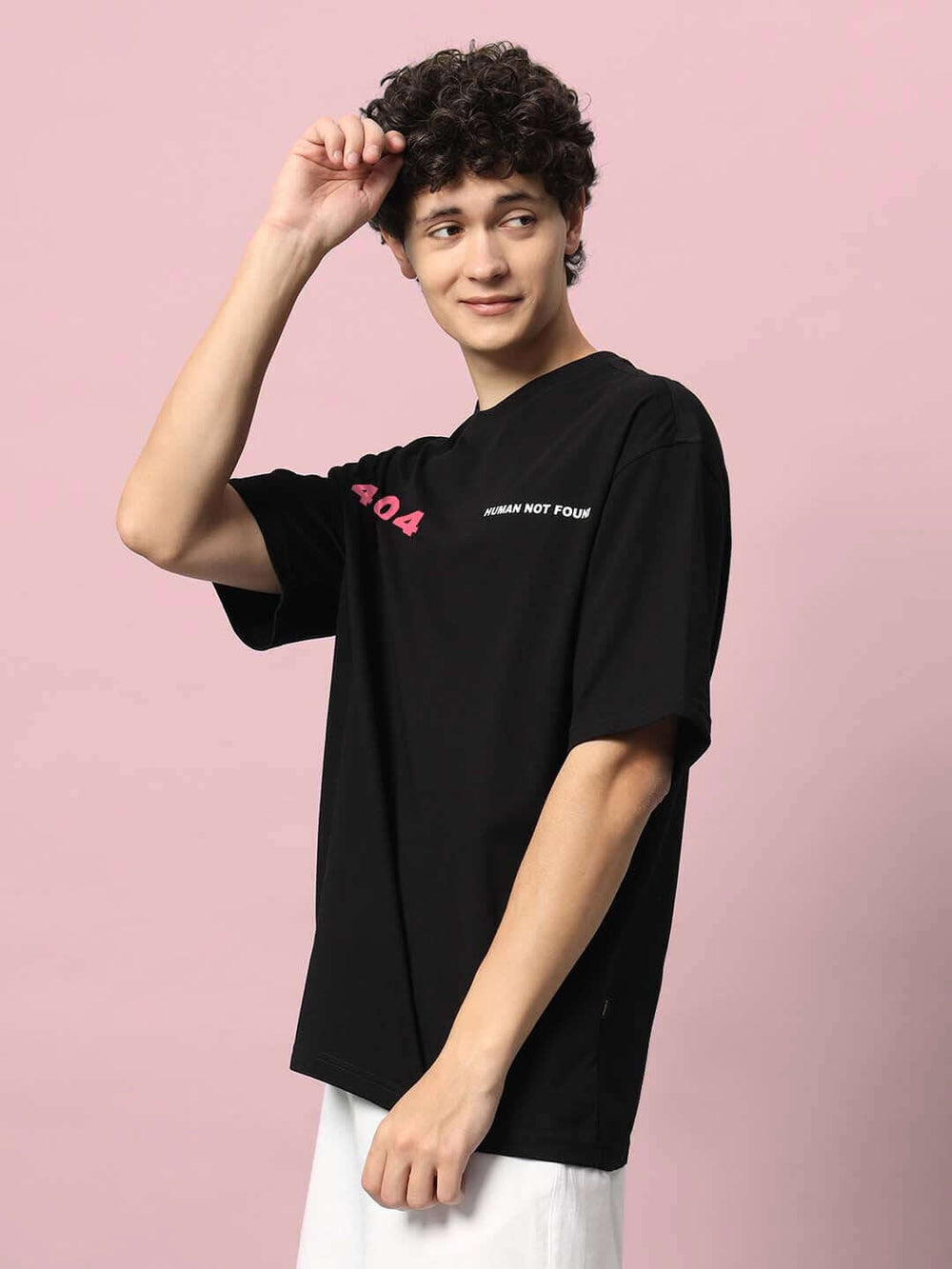 Genz-Classic Men's Black Oversized 404 Human Not Found Graphic Print Cotton T-Shirt