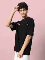Genz-Classic Men's Black Oversized 404 Human Not Found Graphic Print Cotton T-Shirt