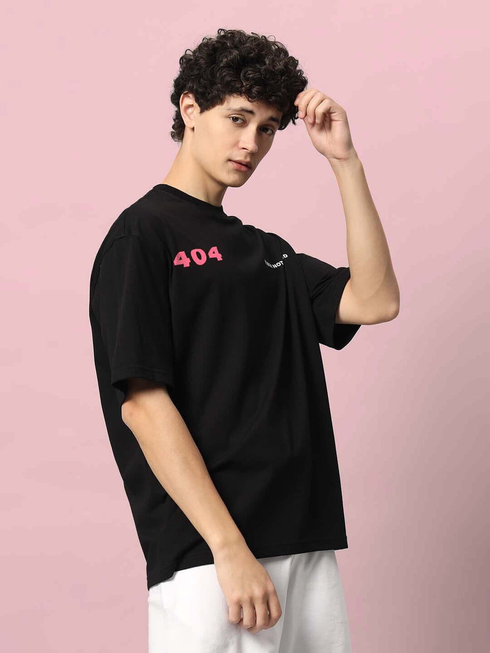 Genz-Classic Men's Black Oversized 404 Human Not Found Graphic Print Cotton T-Shirt