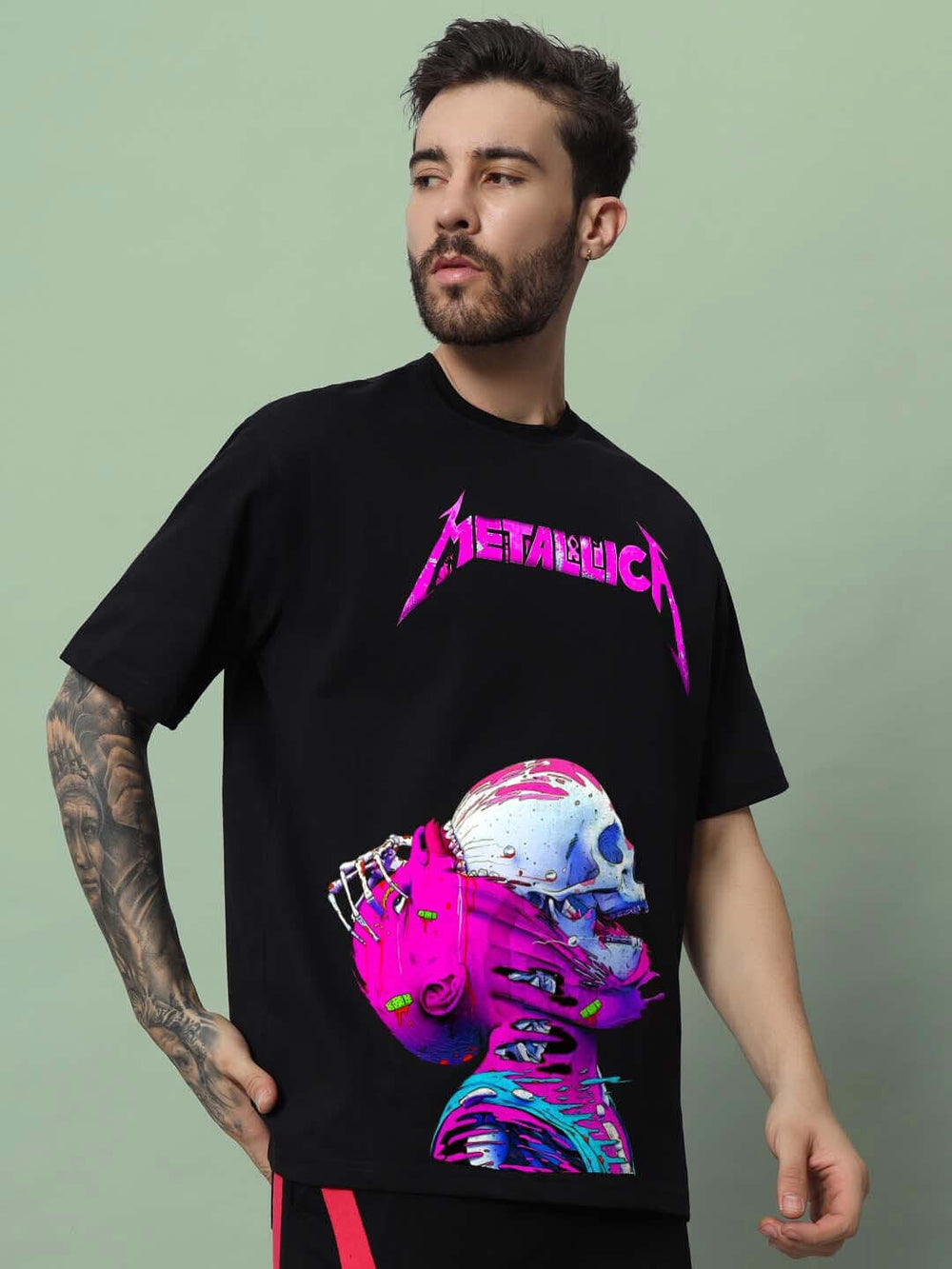 Genz-Classic Men's Black Oversized Skull Graphic Printed Cotton T-Shirt