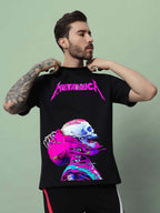 Genz-Classic Men's Black Oversized Skull Graphic Printed Cotton T-Shirt