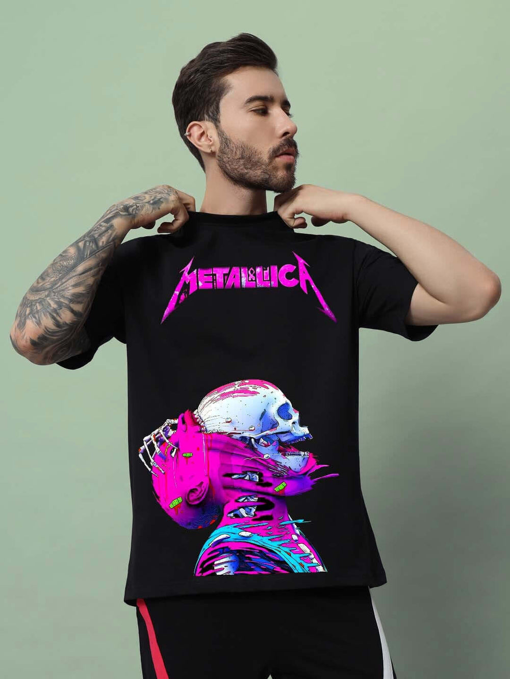 Genz-Classic Men's Black Oversized Skull Graphic Printed Cotton T-Shirt