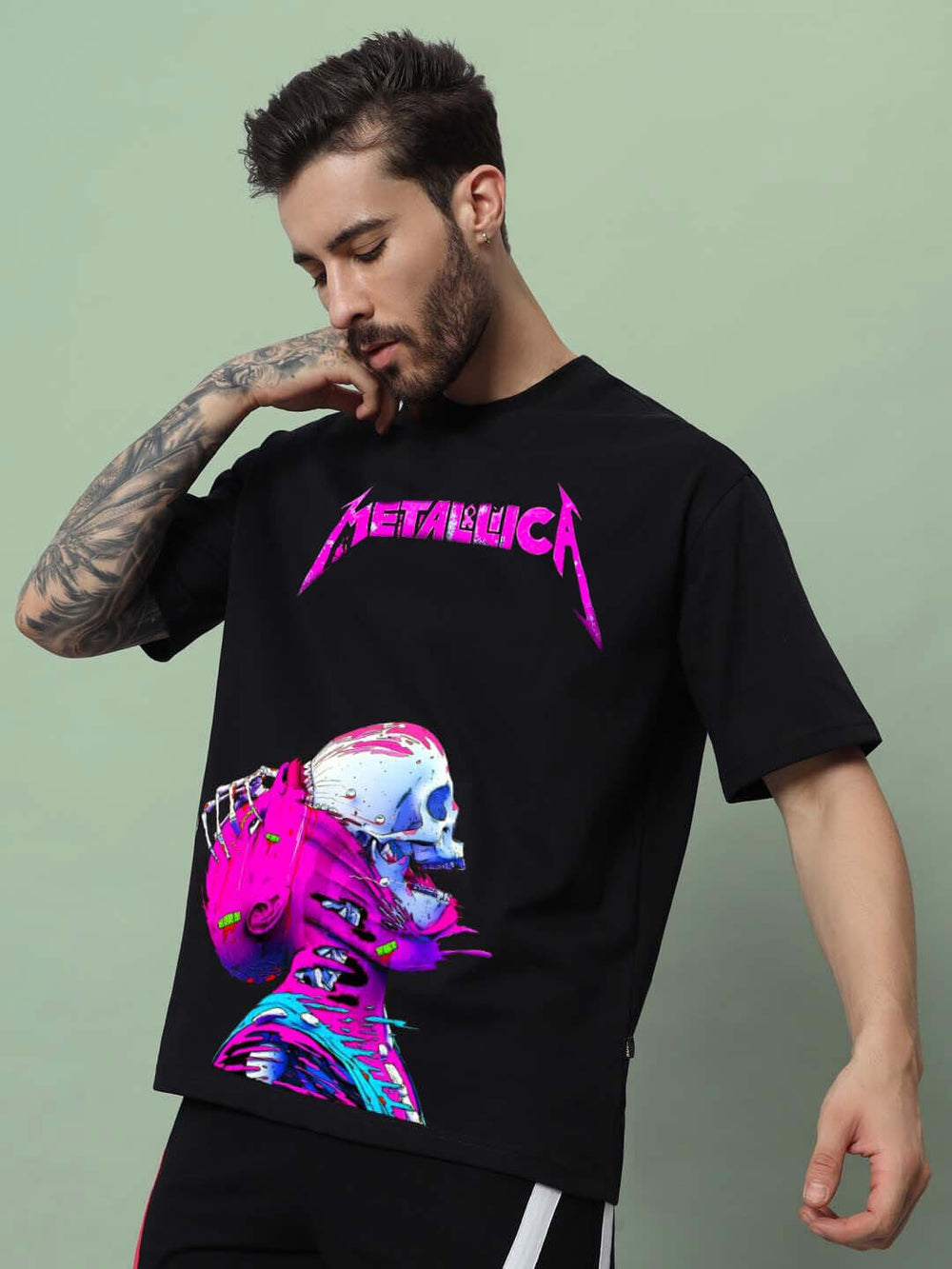 Genz-Classic Men's Black Oversized Skull Graphic Printed Cotton T-Shirt