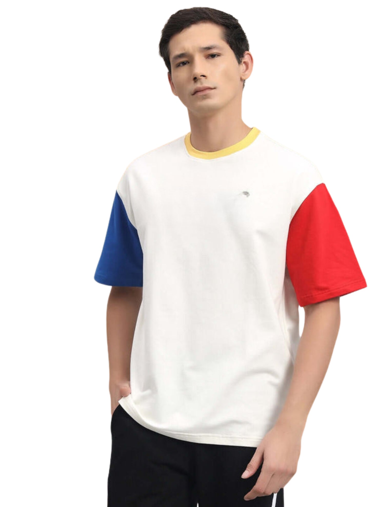 Genz-Classic Men's White Oversized Colourblock Cotton T-Shirt
