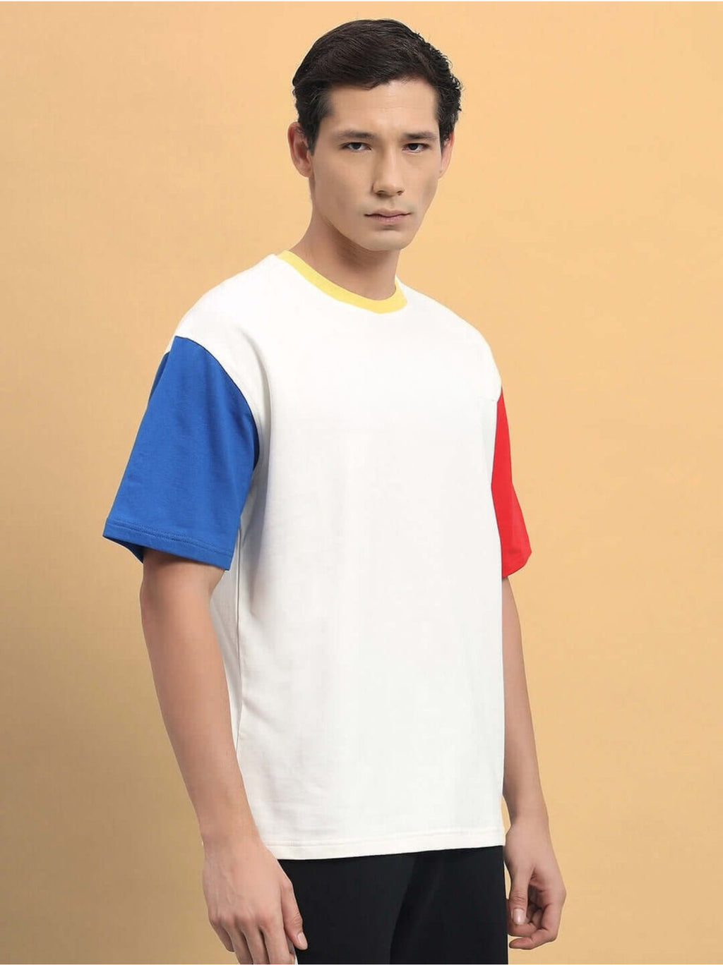 Genz-Classic Men's White Oversized Colourblock Cotton T-Shirt
