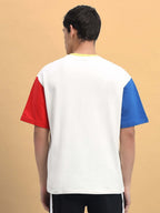 Genz-Classic Men's White Oversized Colourblock Cotton T-Shirt
