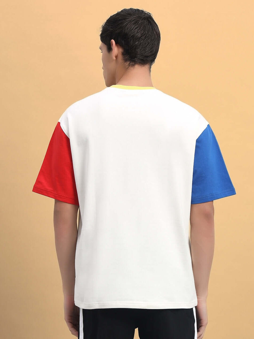 Genz-Classic Men's White Oversized Colourblock Cotton T-Shirt