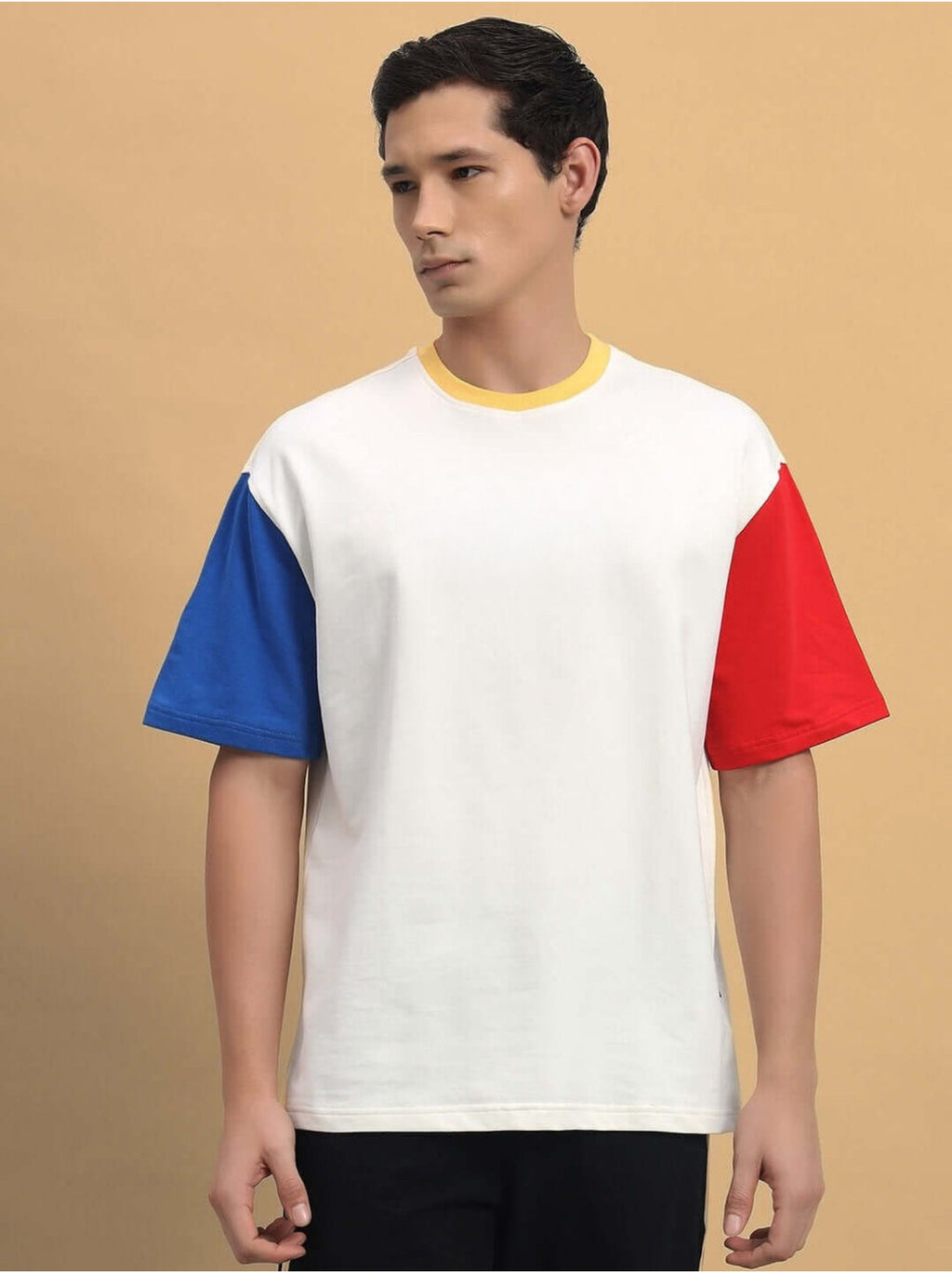 Genz-Classic Men's White Oversized Colourblock Cotton T-Shirt