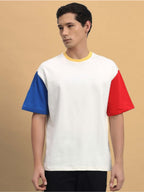 Genz-Classic Men's White Oversized Colourblock Cotton T-Shirt