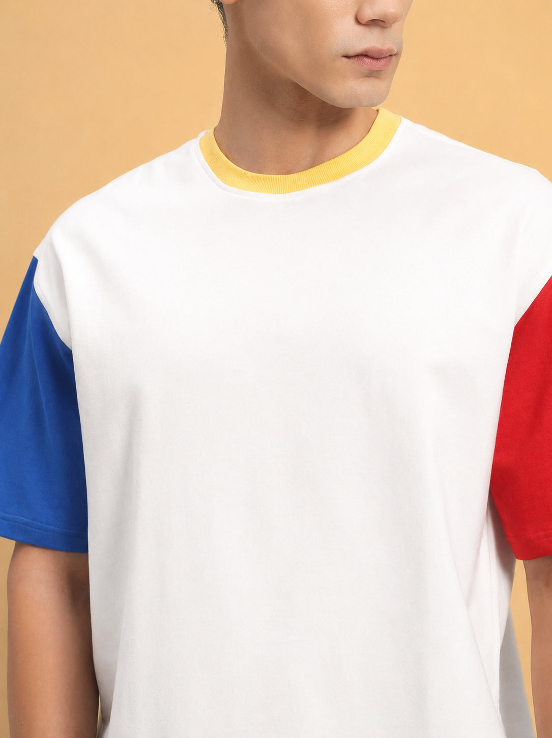 Genz-Classic Men's White Oversized Colourblock Cotton T-Shirt