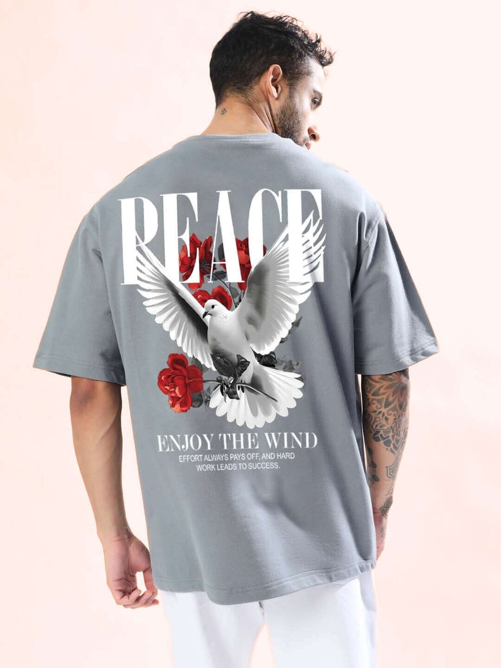 Genz-Classic Men's Grey Oversized Peace Dove Back Graphic Print Cotton T-Shirt