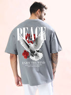 Genz-Classic Men's Grey Oversized Peace Dove Back Graphic Print Cotton T-Shirt