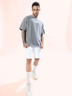 Genz-Classic Men's Grey Oversized Peace Dove Back Graphic Print Cotton T-Shirt