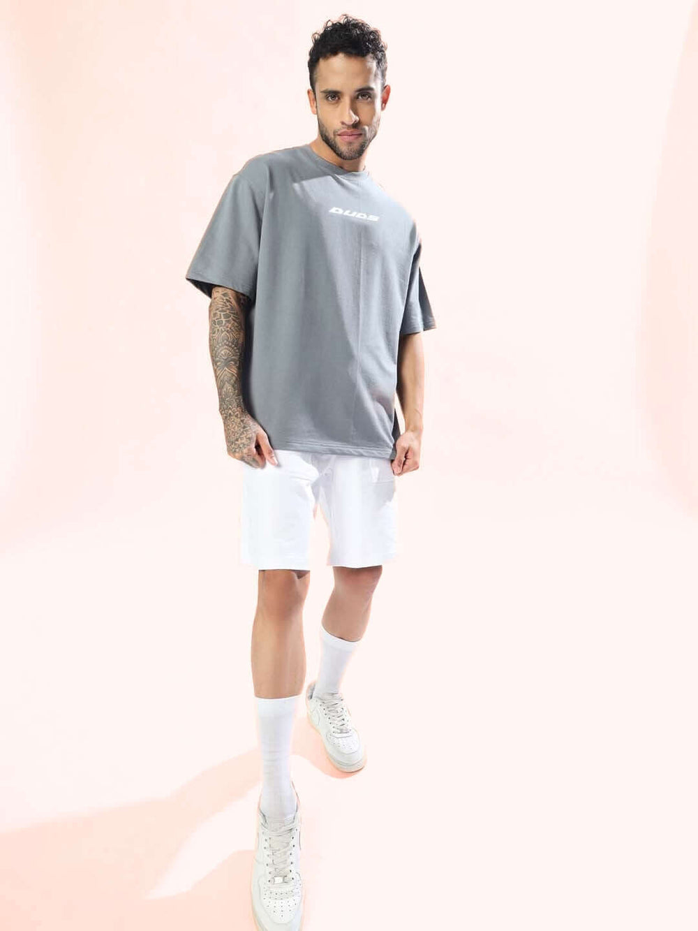 Genz-Classic Men's Grey Oversized Peace Dove Back Graphic Print Cotton T-Shirt