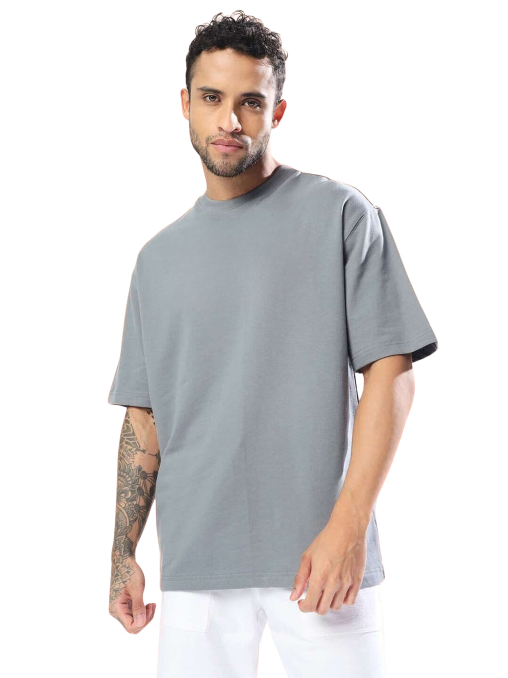 Genz-Classic Men's Grey Oversized Peace Dove Back Graphic Print Cotton T-Shirt