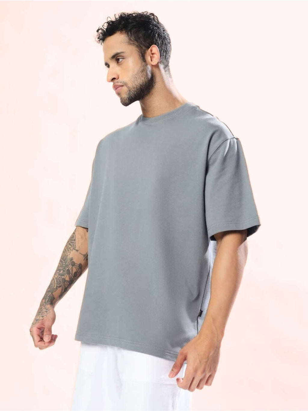 Genz-Classic Men's Grey Oversized Peace Dove Back Graphic Print Cotton T-Shirt