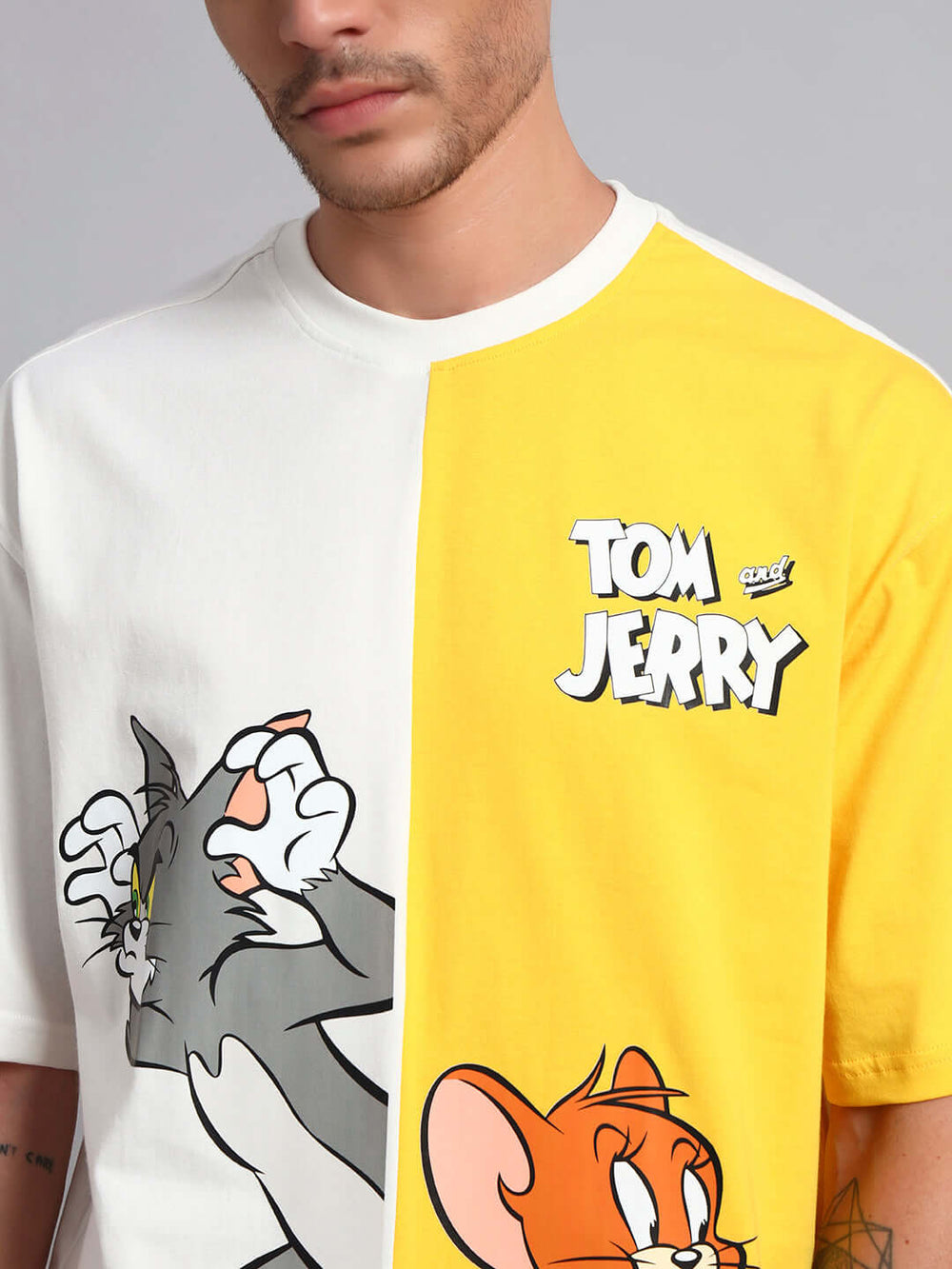 Genz-Classic Men's White & Yellow Tom and Jerry Color Block Oversized Cotton T-Shirt