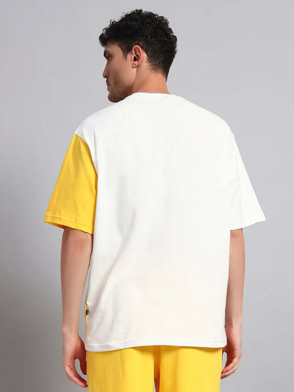 Genz-Classic Men's White & Yellow Tom and Jerry Color Block Oversized Cotton T-Shirt