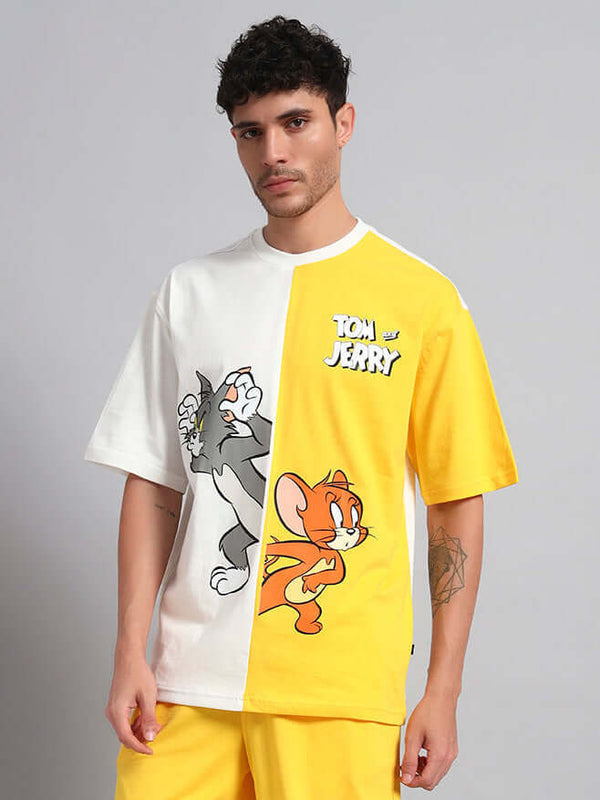 Genz-Classic Men's White & Yellow Tom and Jerry Color Block Oversized Cotton T-Shirt