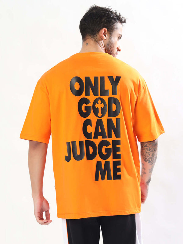 Genz-Classic Men's Orange Oversized Only God Can Judge Me Typography Print Cotton T-Shirt