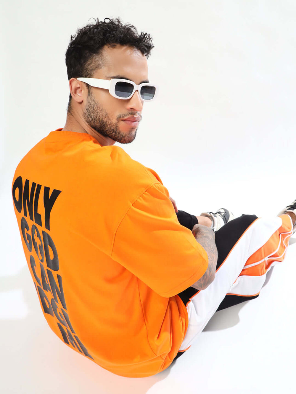 Genz-Classic Men's Orange Oversized Only God Can Judge Me Typography Print Cotton T-Shirt