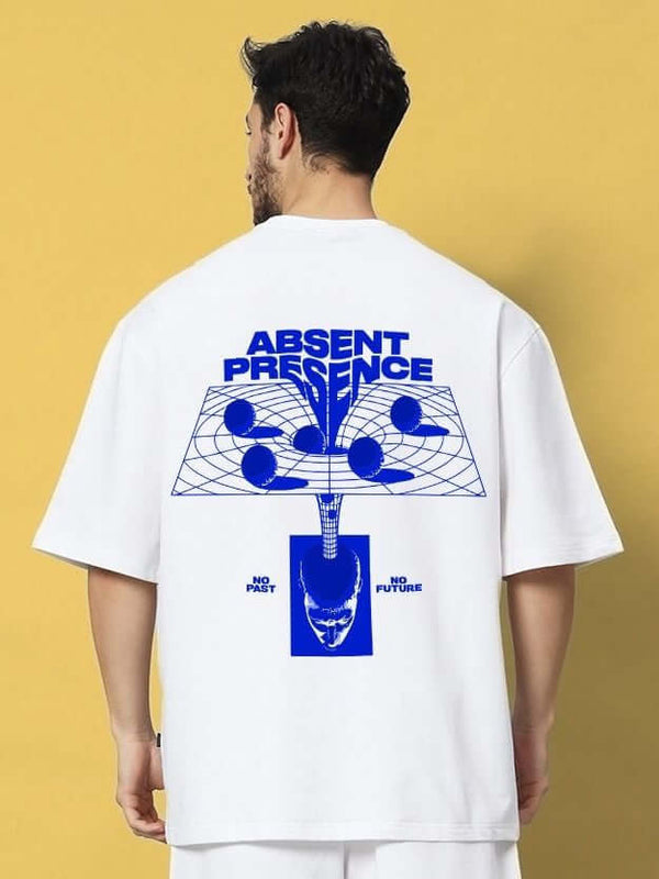 Genz-Classic Men's White Oversized Absent Presence Graphic Print Cotton T-Shirt