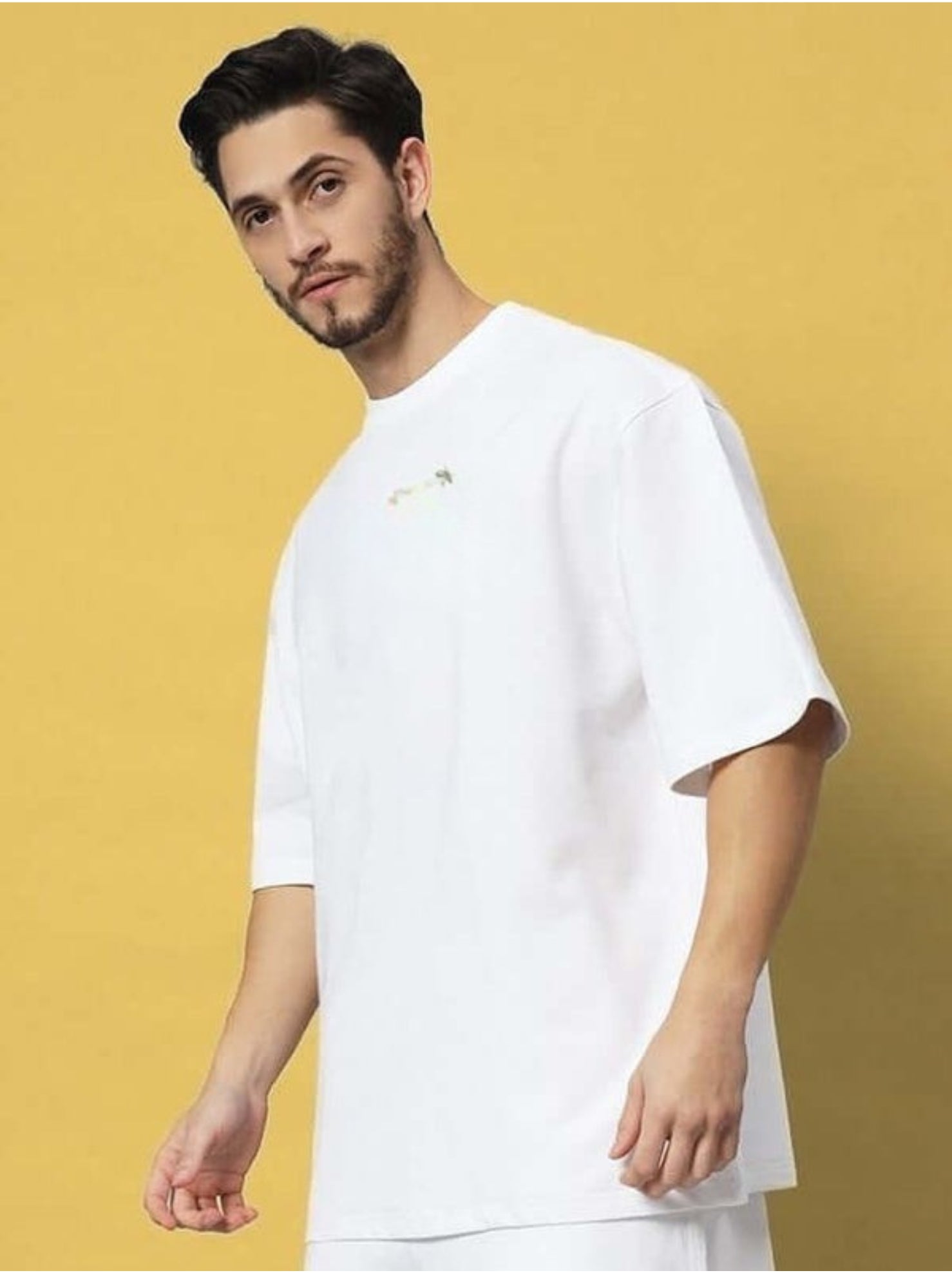 Genz-Classic Men's White Oversized Absent Presence Graphic Print Cotton T-Shirt