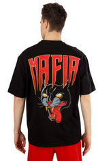 Genz-Classic Men's Black Oversized Mafia Panther Graphic Print Cotton T-Shirt