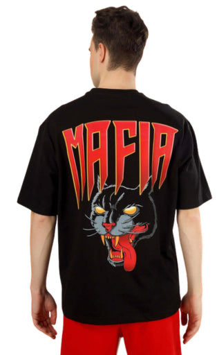 Genz-Classic Men's Black Oversized Mafia Panther Graphic Print Cotton T-Shirt