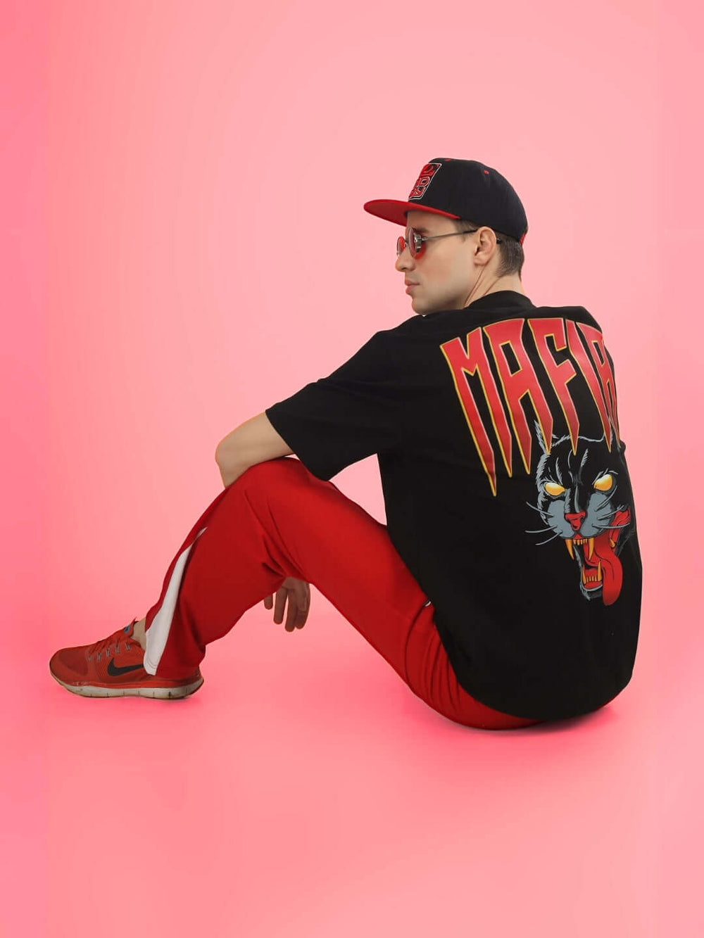 Genz-Classic Men's Black Oversized Mafia Panther Graphic Print Cotton T-Shirt