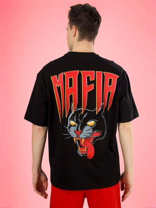 Genz-Classic Men's Black Oversized Mafia Panther Graphic Print Cotton T-Shirt