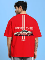 Genz-Classic Men's Red Oversized Sports Car Graphic Print Cotton T-Shirt
