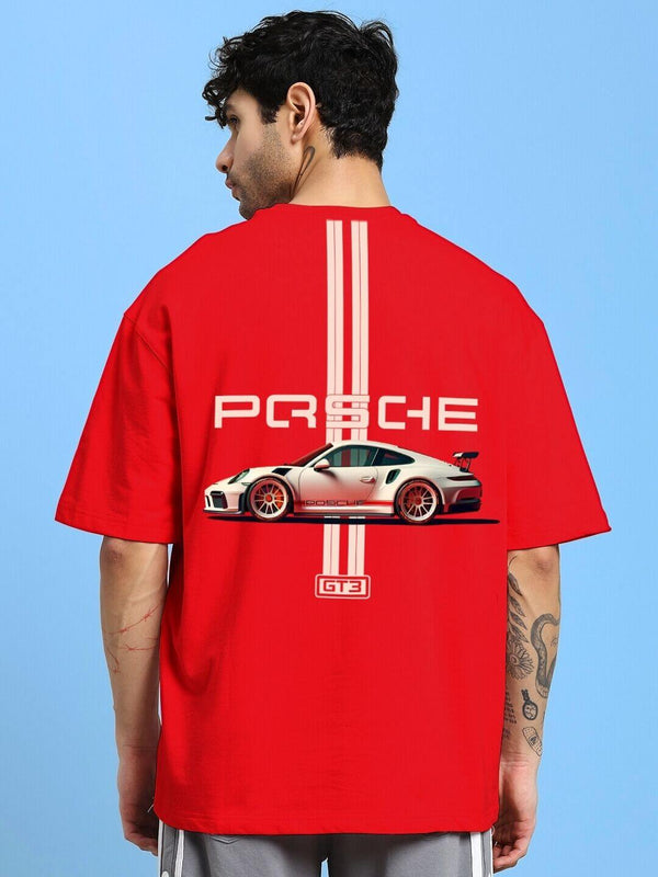 Genz-Classic Men's Red Oversized Sports Car Graphic Print Cotton T-Shirt