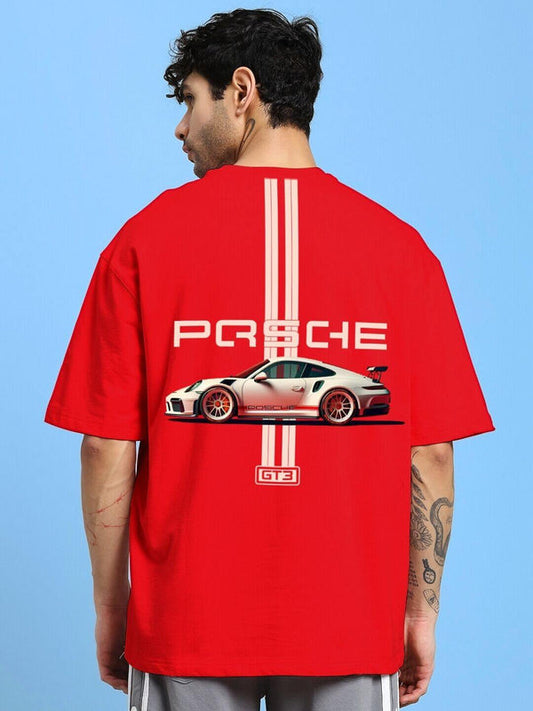 Genz-Classic Men's Red Oversized Sports Car Graphic Print Cotton T-Shirt