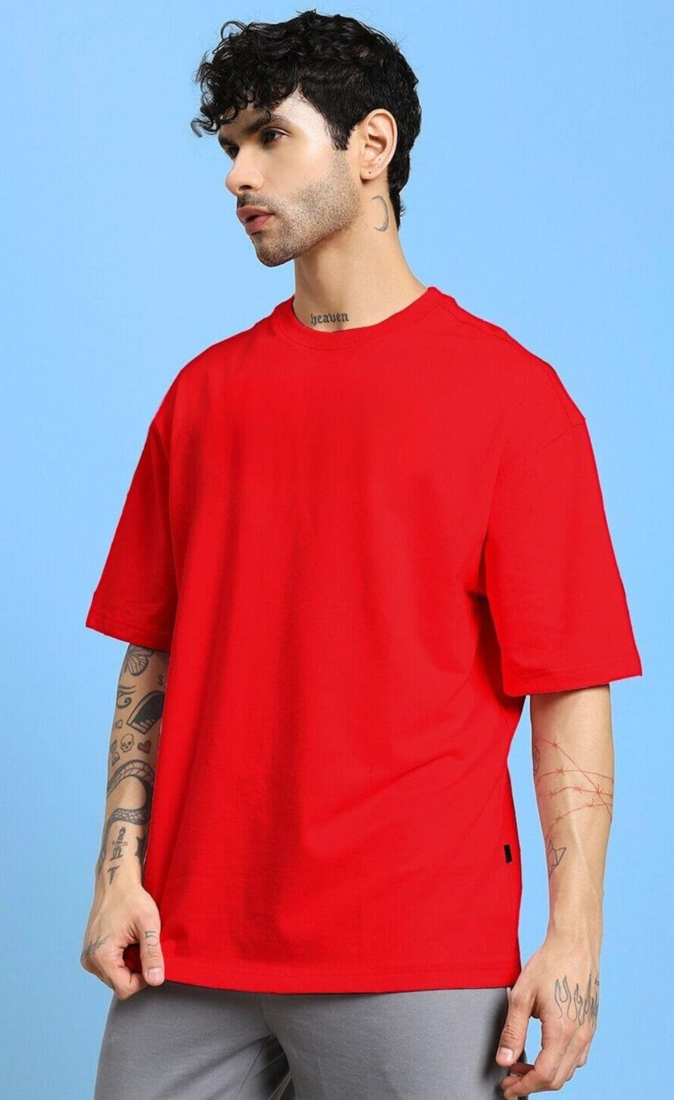 Genz-Classic Men's Red Oversized Sports Car Graphic Print Cotton T-Shirt
