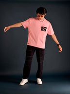 Genz-Classic Men's Pink Oversized Graphic Print Cotton T-Shirt